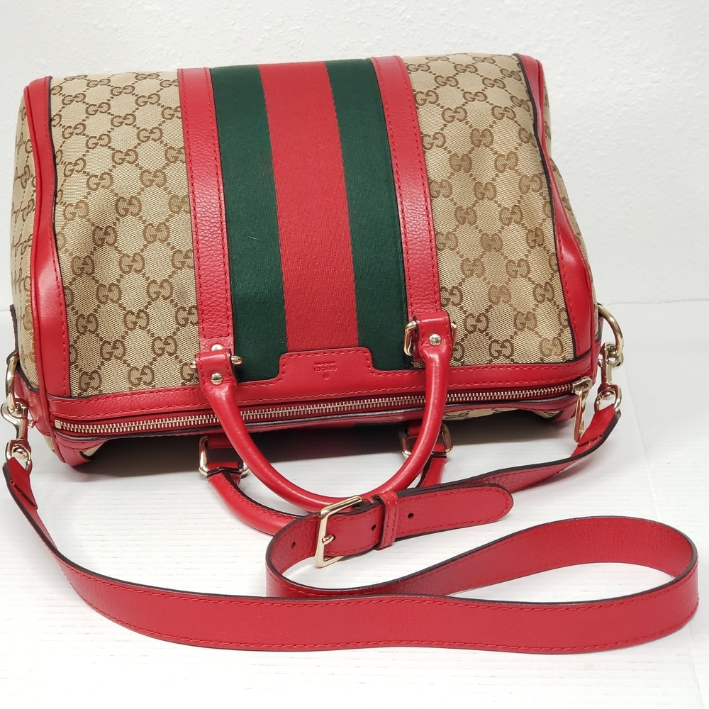 Authentic Gucci Boston GG Supreme Web Stripe Red Leather Satchel Bag - Picture 5 of 16